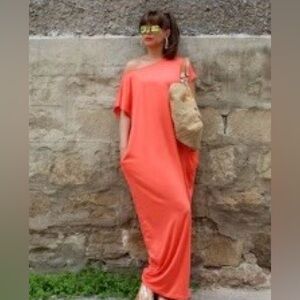 Women's Coral One-Shoulder Maxi Dress